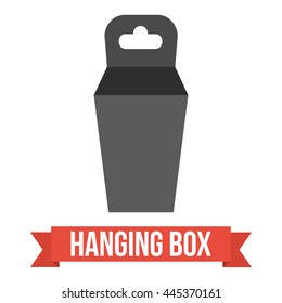 Black paper hanging box set. Packaging container with hanging hole. Mock up template. Vector illustration on white background.