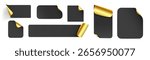 Black paper labels with gold corner curls showing metallic underside - premium sticker set in various shapes. Elegant blank tags for luxury branding, pricing or exclusive product packaging design.