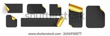 Black paper labels with gold corner curls showing metallic underside - premium sticker set in various shapes. Elegant blank tags for luxury branding, pricing or exclusive product packaging design.
