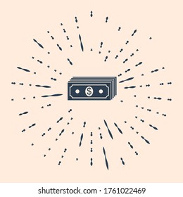 Black Paper money american dollars cash icon isolated on beige background. Money banknotes stack with dollar icon. Bill currency. Abstract circle random dots. Vector Illustration