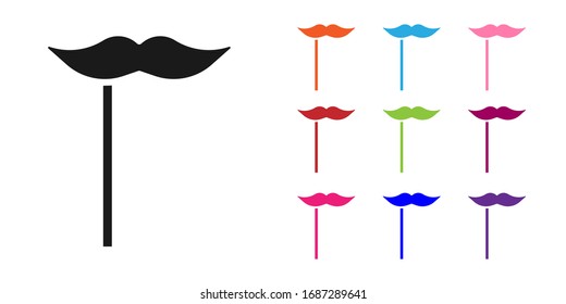 Bigote de papel negro sobre icono de palo aislado en fondo blanco. Concepto con máscara de carnaval. Máscara para una sesión de fotos. Establecer iconos coloridos. Ilustración vectorial