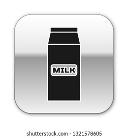 Black Paper package for milk icon isolated on white background. Milk packet sign. Silver square button. Vector Illustration
