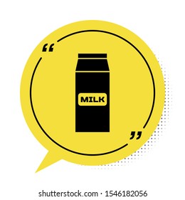 Black Paper package for milk icon isolated on white background. Milk packet sign. Yellow speech bubble symbol. Vector Illustration