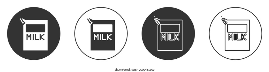 Black Paper package for milk icon isolated on white background. Milk packet sign. Circle button. Vector Illustration