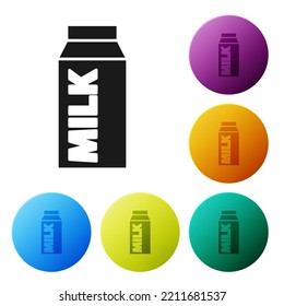 Black Paper package for milk icon isolated on white background. Milk packet sign. Set icons in color circle buttons. Vector