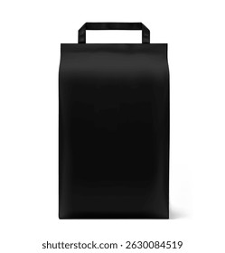 Bolsa de embalaje de papel negro con maqueta de asa. Vista frontal. Ilustración vectorial aislada sobre fondo blanco. Listo para usar en presentaciones, promociones, publicidad y más. EPS10.