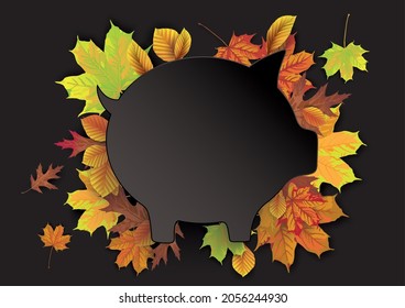 Black paper piggy bank with autumn foliage. Eps 10 vector file.