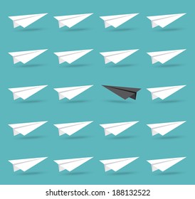 Black paper plane different from the group of white paper plane. Different concept. Vector illustration