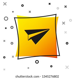 Black Paper plane icon isolated on white background. Paper airplane icon. Aircraft sign. Yellow square button. Vector Illustration