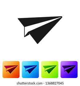 Black Paper plane icon isolated on white background. Paper airplane icon. Aircraft sign. Set icon in color square buttons. Vector Illustration