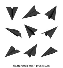 Black paper planes isolated on white background. Origami aircraft in flat style. Vector illustration.