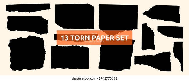 Black Paper Ripped Torn Shape Silhouette Set. Cut Edge Rip Torn Paper Piece Frame Kit. Vector Isolated Clipart Elements in Beige Background