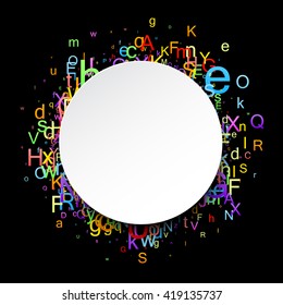 Black paper round background with letters. Vector illustration.