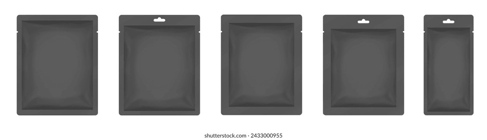 Black paper sachet or pouch. Vector bags mockup, wet wipes paper or foil packs. Cosmetics samples. Moisturizing sheet face mask