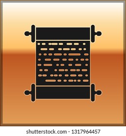 Black Paper scroll icon isolated on gold background. Canvas scroll sign. Vector Illustration