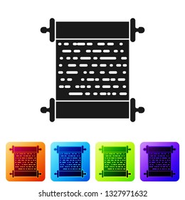 Black Paper scroll icon isolated on white background. Canvas scroll sign. Set icon in color square buttons. Vector Illustration