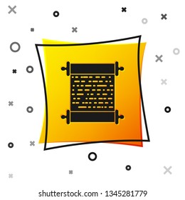 Black Paper scroll icon isolated on white background. Canvas scroll sign. Yellow square button. Vector Illustration