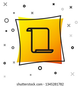 Black Paper scroll icon isolated on white background. Canvas scroll sign. Yellow square button. Vector Illustration