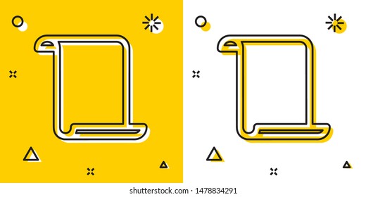 Black Paper scroll icon isolated on yellow and white background. Canvas scroll sign. Random dynamic shapes. Vector Illustration