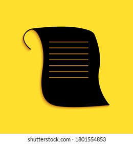 Icono de desplazamiento de papel negro aislado en fondo amarillo. Signo de desplazamiento de lienzo. Estilo de sombra larga. Vector.