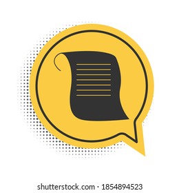 Black Paper scroll icon isolated on white background. Canvas scroll sign. Yellow speech bubble symbol. Vector.
