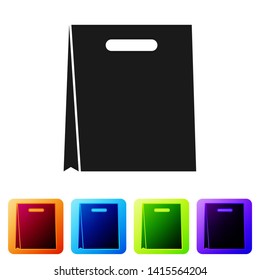 Black Paper shopping bag icon isolated on white background. Package sign. Set icon in color square buttons. Vector Illustration