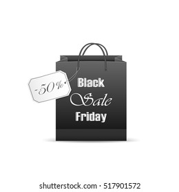 Black paper shopping bag with inscription Black Friday Sale and 50% discount on the label, isolated on white background, illustration.
