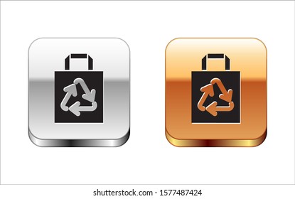 Black Paper shopping bag with recycle icon isolated on white background. Bag with recycling symbol. Silver-gold square button. Vector Illustration