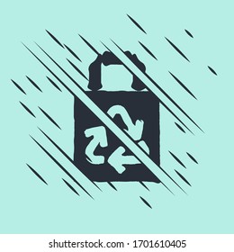 Black Paper shopping bag with recycle icon isolated on green background. Bag with recycling symbol. Glitch style. Vector Illustration