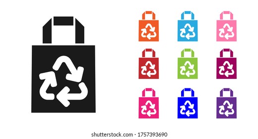 Black Paper Shopping Bag With Recycle Icon Isolated On White Background. Bag With Recycling Symbol. Set Icons Colorful. Vector Illustration