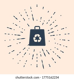 Black Paper shopping bag with recycle icon isolated on beige background. Bag with recycling symbol. Abstract circle random dots. Vector Illustration
