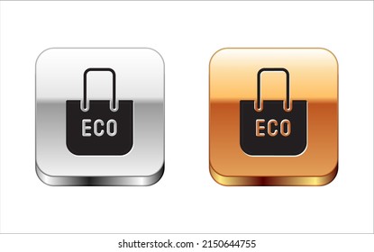 Black Paper shopping bag with recycle icon isolated on white background. Bag with recycling symbol. Silver and gold square buttons. Vector