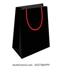 Black paper shopping bag with red handles isolated on white background. Vector illustration for branding, packaging design, product promotion, marketing and retail shopping concepts.