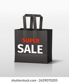 Black paper shopping bag with super sale inscription. Store promotion. Special offer. Shopper handbag with shadow. Cardboard sack for purchase. Promo marketing. Vector 3D