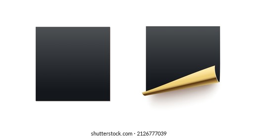 Black paper stickers set vector illustration. Realistic 3d curl page with golden rolled corner and blank note document of square shape, decoration element with shadow isolated on white background