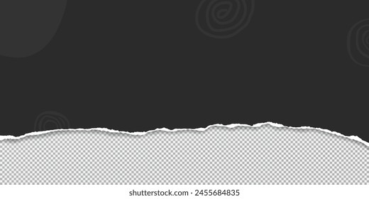 Black paper strip with torn edge and soft shadow is on squared background for text or ad. Doodle style.