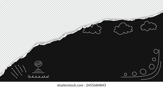 Black paper strip with torn edge and soft shadow is on squared background for text or ad. Doodle style.