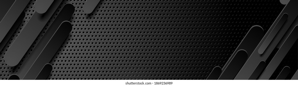 Black paper stripes on dark perforated metallic background. Hi-tech vector wide banner design