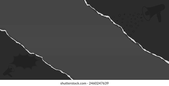 Black paper strips with torn edge, note and soft shadow are on grey background for text or ad.