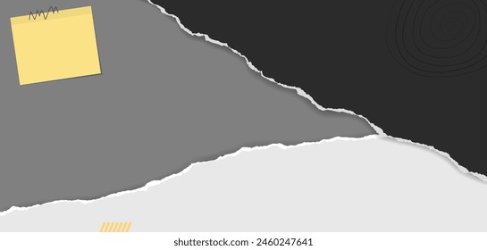 Las tiras de papel negro con borde roto, nota y sombra suave están sobre fondo gris para texto o anuncio.