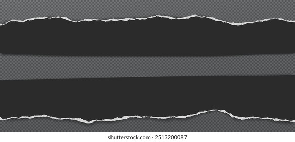 Las tiras de papel negro con bordes rotos y sombra suave están sobre fondo cuadrado para texto o anuncio.