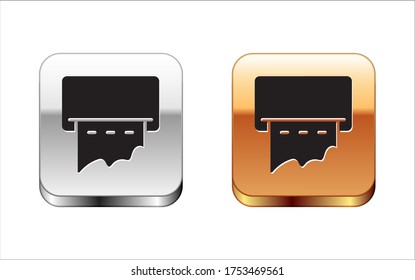 Black Paper towel dispenser on wall icon isolated on white background. Equipment for public toilets, hygiene care and clean hands. Silver-gold square button. Vector Illustration