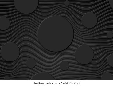 Black paper waves and circles abstract geometric background. Vector hi-tech design