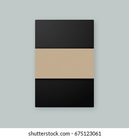 Black paperback vector notebook mockup template with stylish kraft paper dust jacket wrapper
