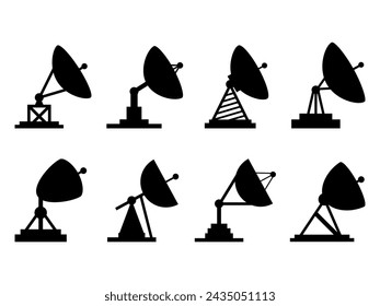 Black parabolic antenna isolated on a white background. Silhouettes of satellite dishes. Satellite antennas of various types. Icon design for print, banners and advertising. Vector illustration