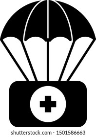 Black Parachute with first aid kit icon isolated on white background. Medical insurance.  Vector Illustration
