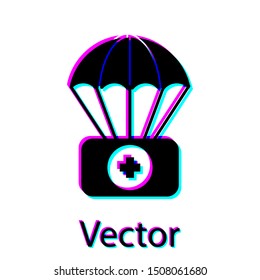 Black Parachute with first aid kit icon isolated on white background. Medical insurance.  Vector Illustration