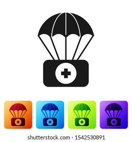 Black Parachute with first aid kit icon isolated on white background. Medical insurance. Set icons in color square buttons. Vector Illustration