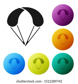 Black Parachute icon isolated on white background. Extreme sport. Sport equipment. Set icons colorful circle buttons. Vector Illustration