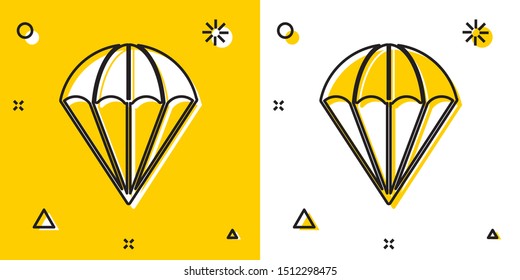 Black Parachute icon isolated on yellow and white background. Random dynamic shapes. Vector Illustration